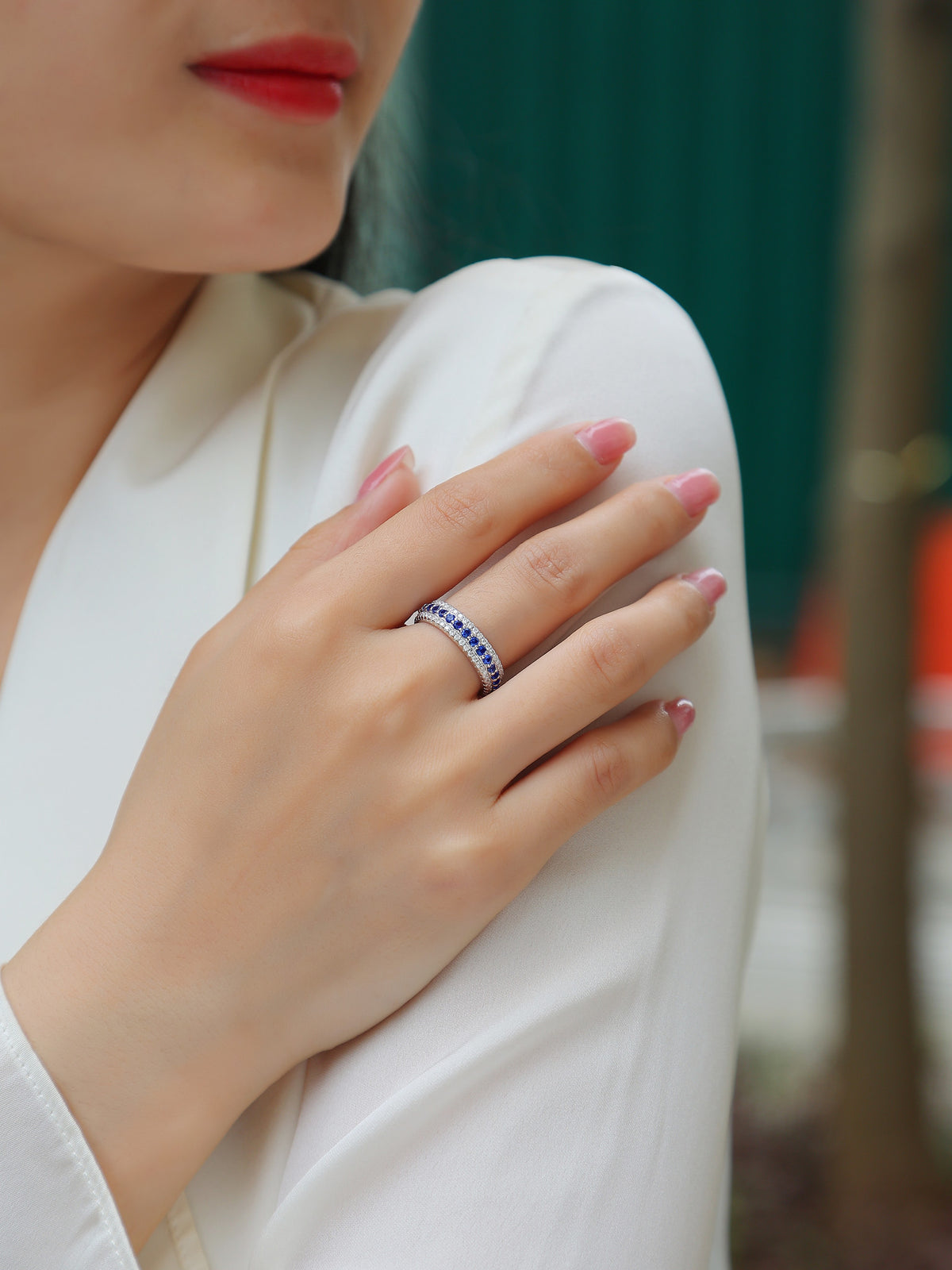 Oltremare Lab-Created Sapphire Eternity Band Ring in Sterling Silver, shown worn