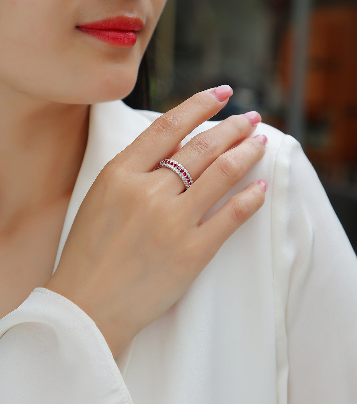 Melograno Lab-Created Ruby Eternity Band Ring in Sterling Silver, shown worn