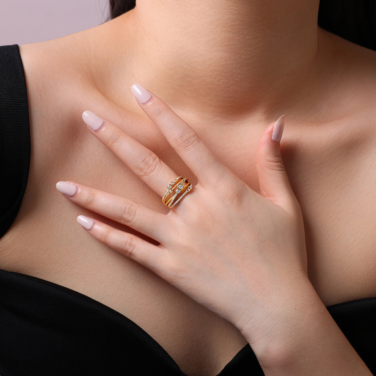 Marea Moissanite Layered Band Ring in Gold-Tone Sterling Silver, shown worn