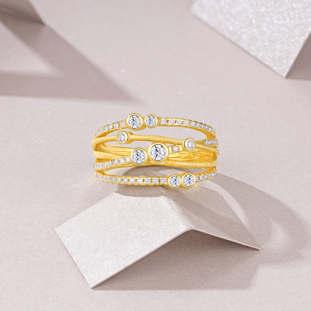 Marea Moissanite Layered Band Ring in Gold-Tone Sterling Silver, styled product photo