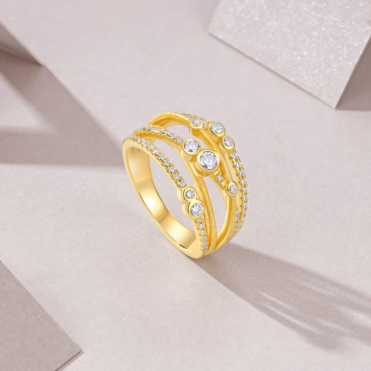 Marea Moissanite Layered Band Ring in Gold-Tone Sterling Silver, styled product photo