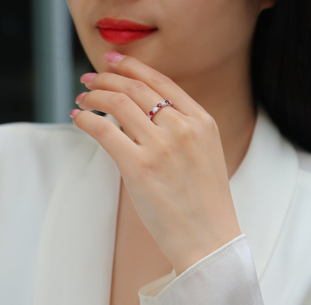 Marasca Lab-Created Ruby Eternity Band Ring in Sterling Silver, shown worn