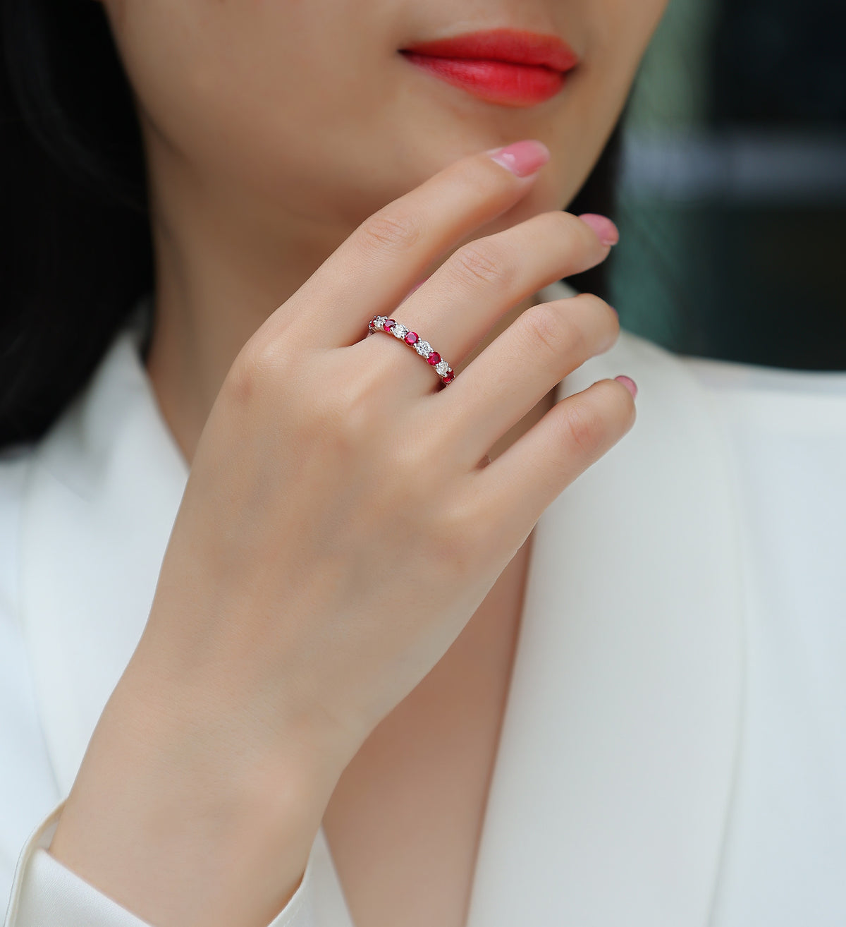 Madrigale Lab-Created Ruby Eternity Band Ring in Sterling Silver, shown worn
