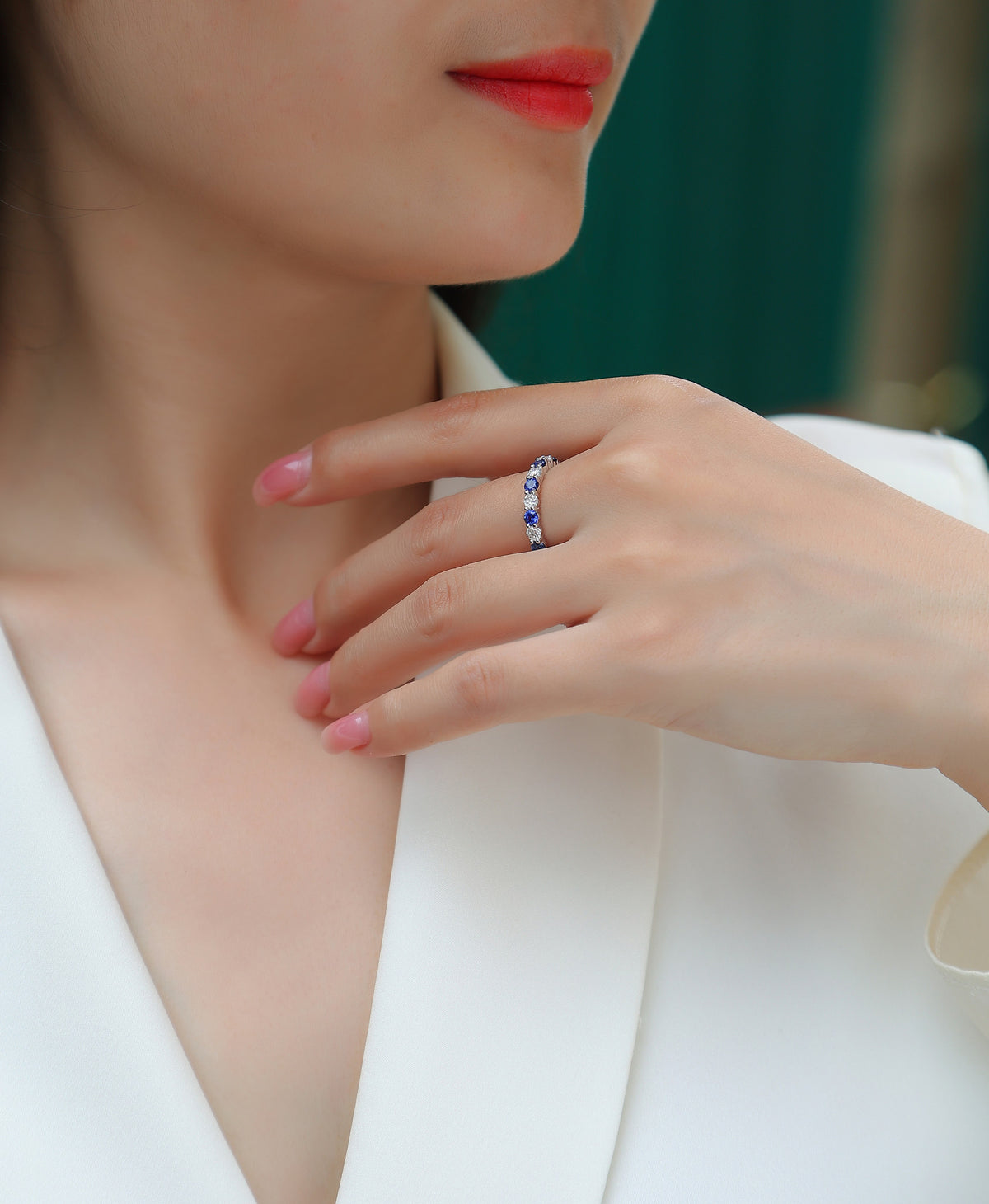 Mezzanotte Lab-Created Sapphire Eternity Band Ring in Sterling Silver, shown worn