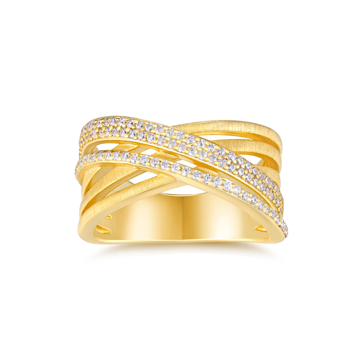 Matassa Moissanite Crisscross Band Ring in Gold-Tone Sterling Silver, product photo on white background