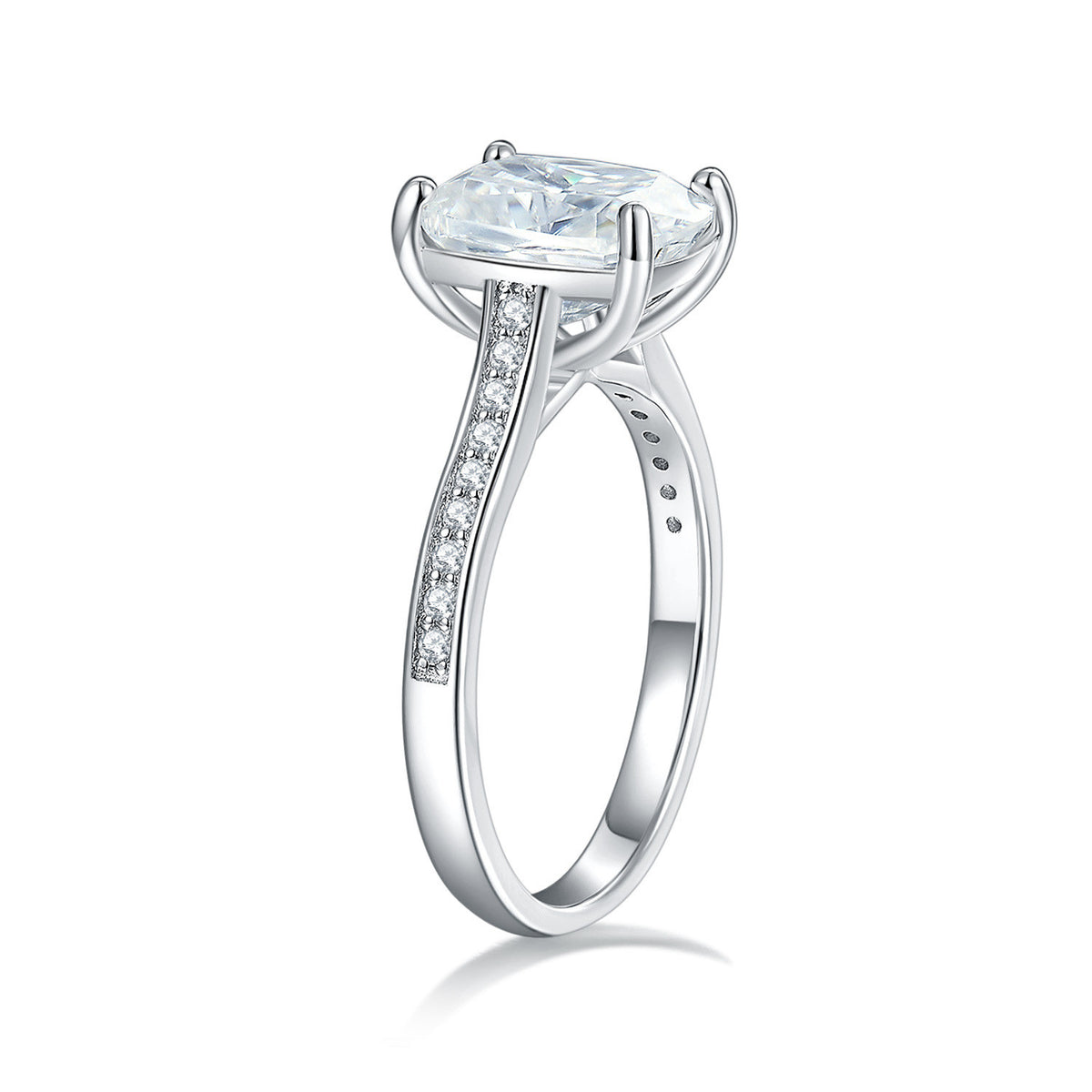 Nitida 3 Carat Rectangular Moissanite Solitaire Ring in Sterling Silver, product photo on white background