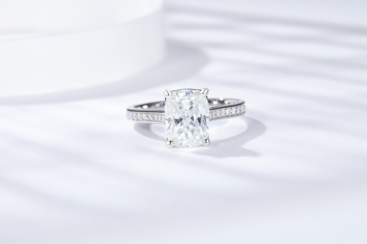 Nitida 3 Carat Rectangular Moissanite Solitaire Ring in Sterling Silver, styled product photo