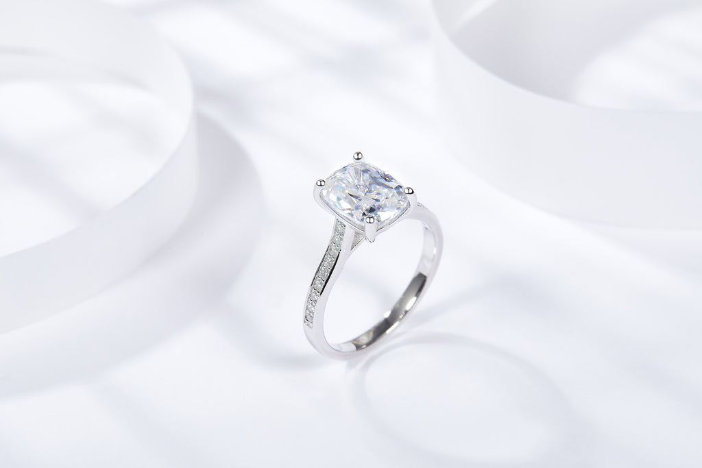 Nitida 3 Carat Rectangular Moissanite Solitaire Ring in Sterling Silver, styled product photo