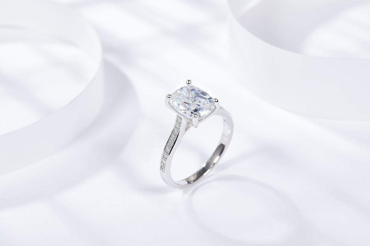 Nitida 3 Carat Rectangular Moissanite Solitaire Ring in Sterling Silver, styled product photo