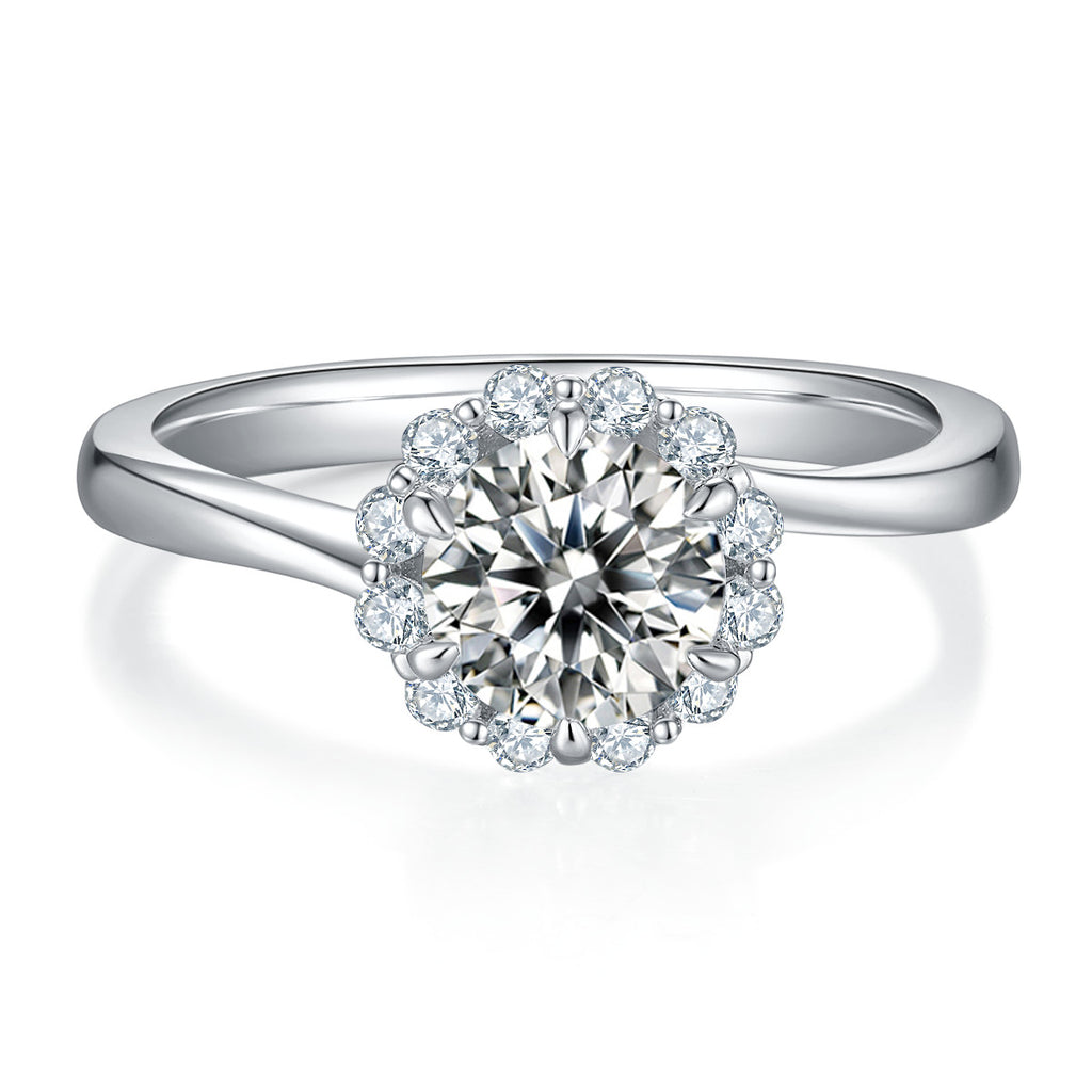 Ninfea 1 Carat Moissanite Halo Engagement Ring in Sterling Silver, product photo on white background