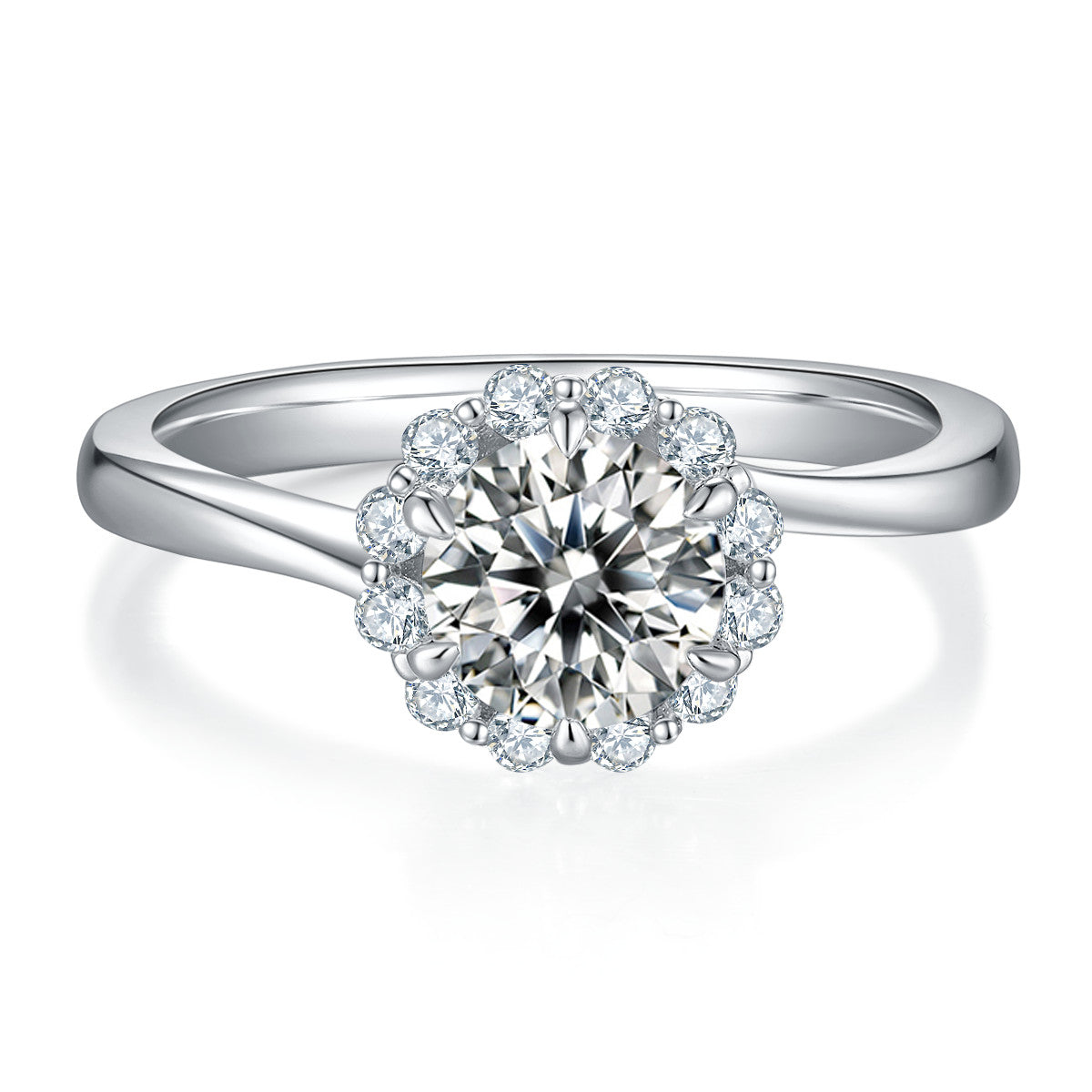 Ninfea 1 Carat Moissanite Halo Engagement Ring in Sterling Silver, product photo on white background
