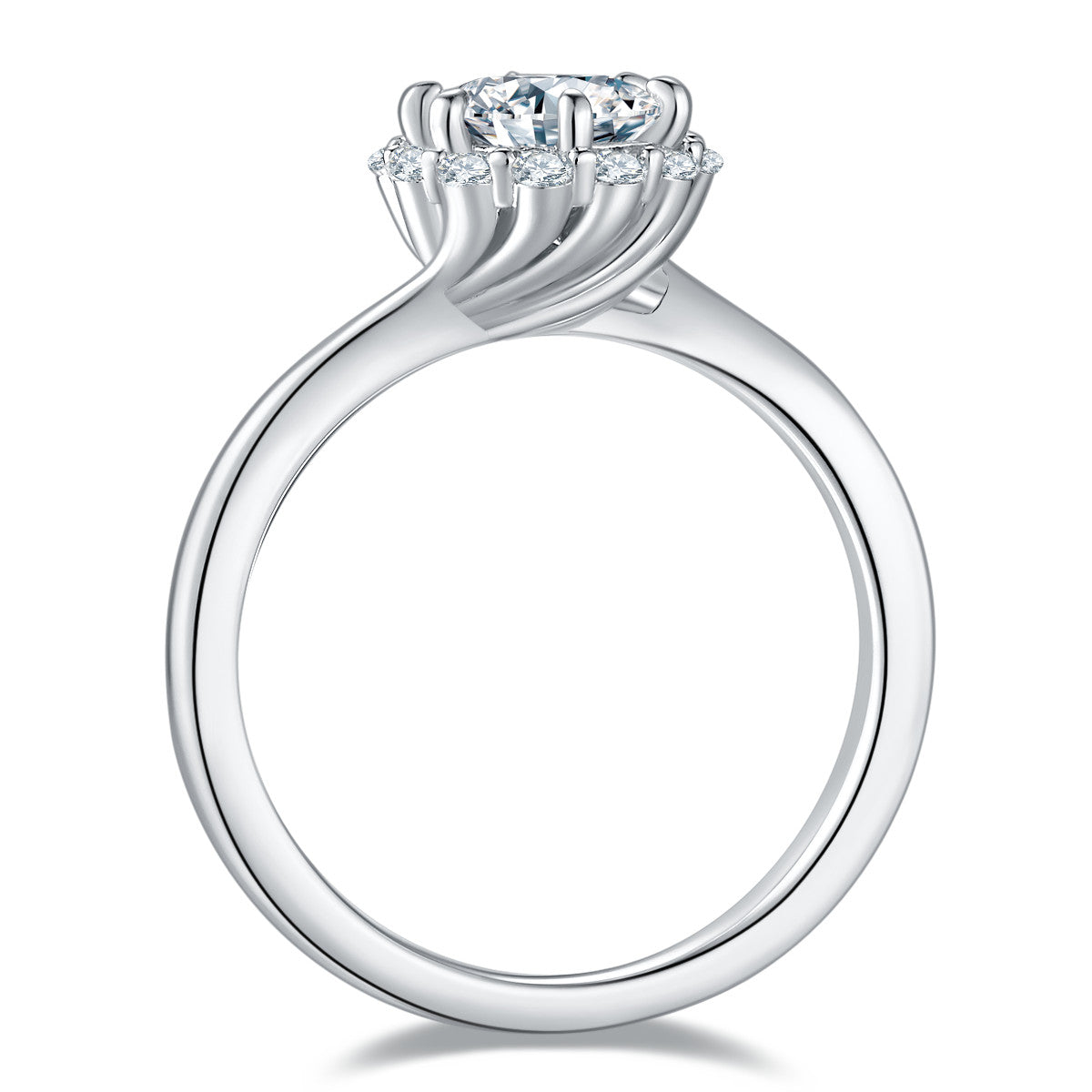 Ninfea 1 Carat Moissanite Halo Engagement Ring in Sterling Silver, product photo on white background