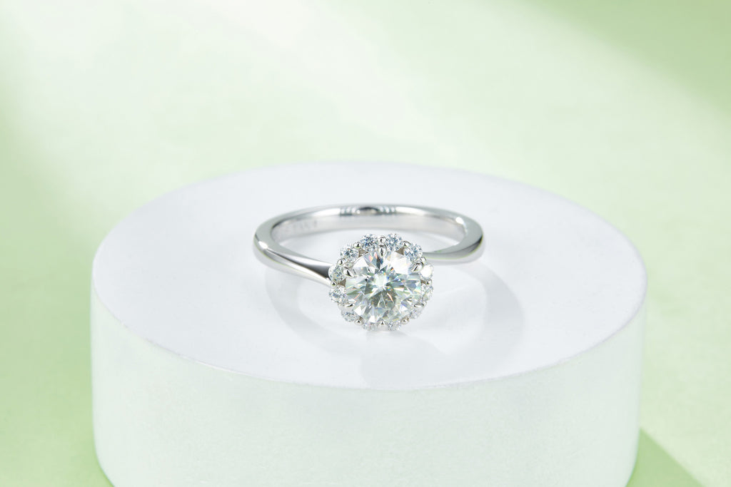 Ninfea 1 Carat Moissanite Halo Engagement Ring in Sterling Silver, styled product photo