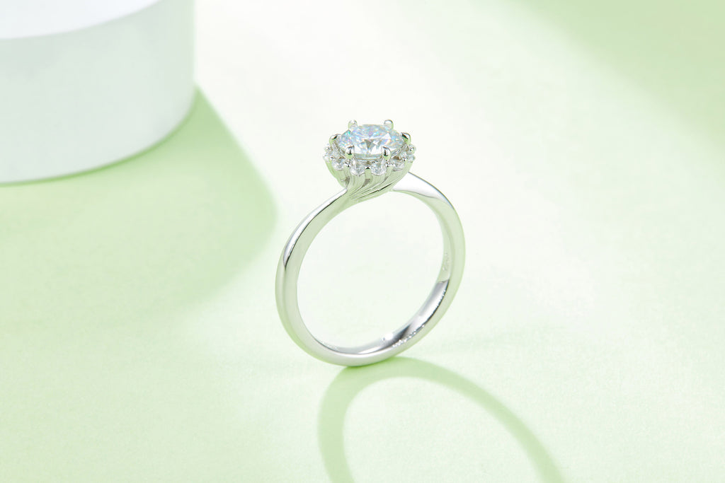Ninfea 1 Carat Moissanite Halo Engagement Ring in Sterling Silver, styled product photo