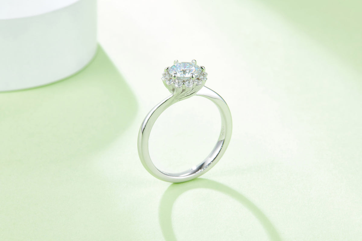 Ninfea 1 Carat Moissanite Halo Engagement Ring in Sterling Silver, styled product photo