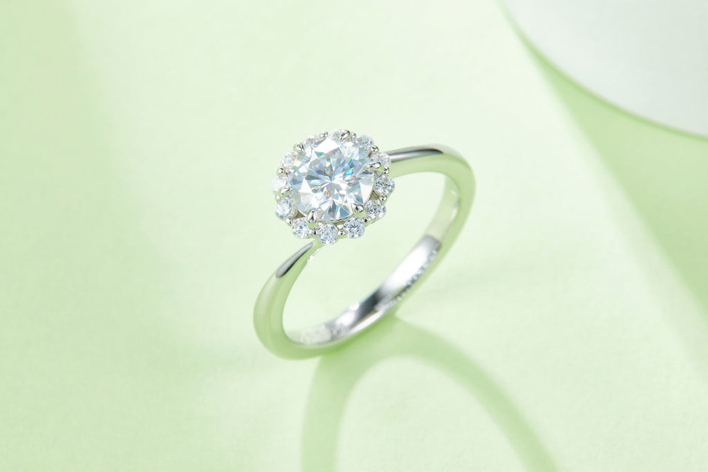 Ninfea 1 Carat Moissanite Halo Engagement Ring in Sterling Silver, styled product photo