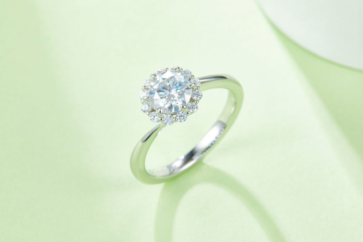 Ninfea 1 Carat Moissanite Halo Engagement Ring in Sterling Silver, styled product photo
