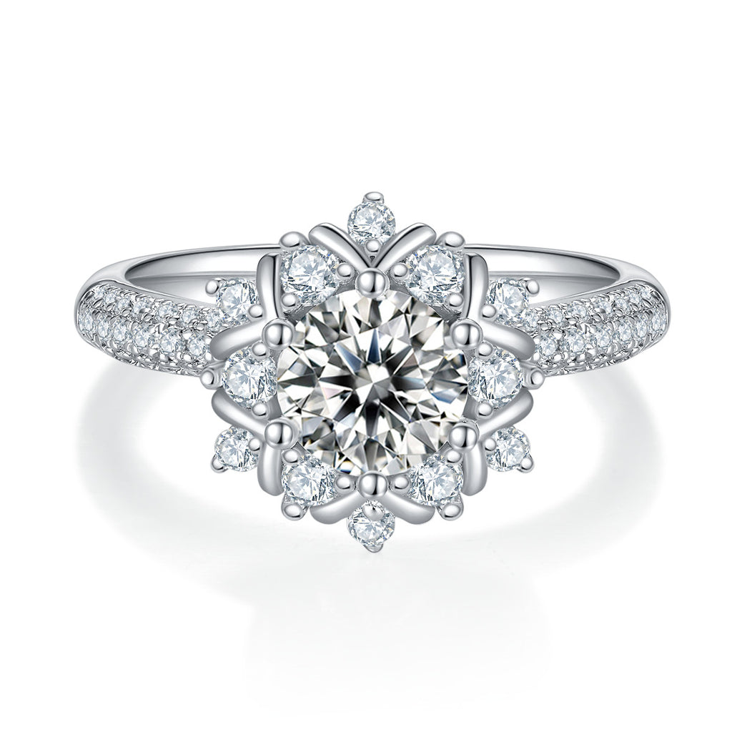 Nivale 1 Carat Moissanite Snowflake Halo Ring in Sterling Silver, product photo on white background