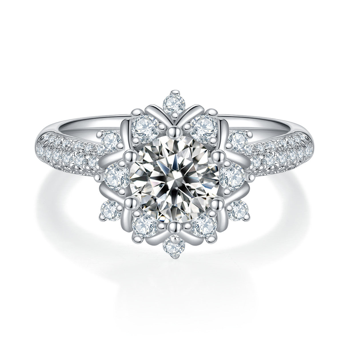 Nivale 1 Carat Moissanite Snowflake Halo Ring in Sterling Silver, product photo on white background