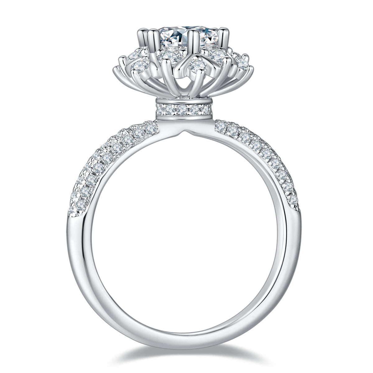 Nivale 1 Carat Moissanite Snowflake Halo Ring in Sterling Silver, product photo on white background