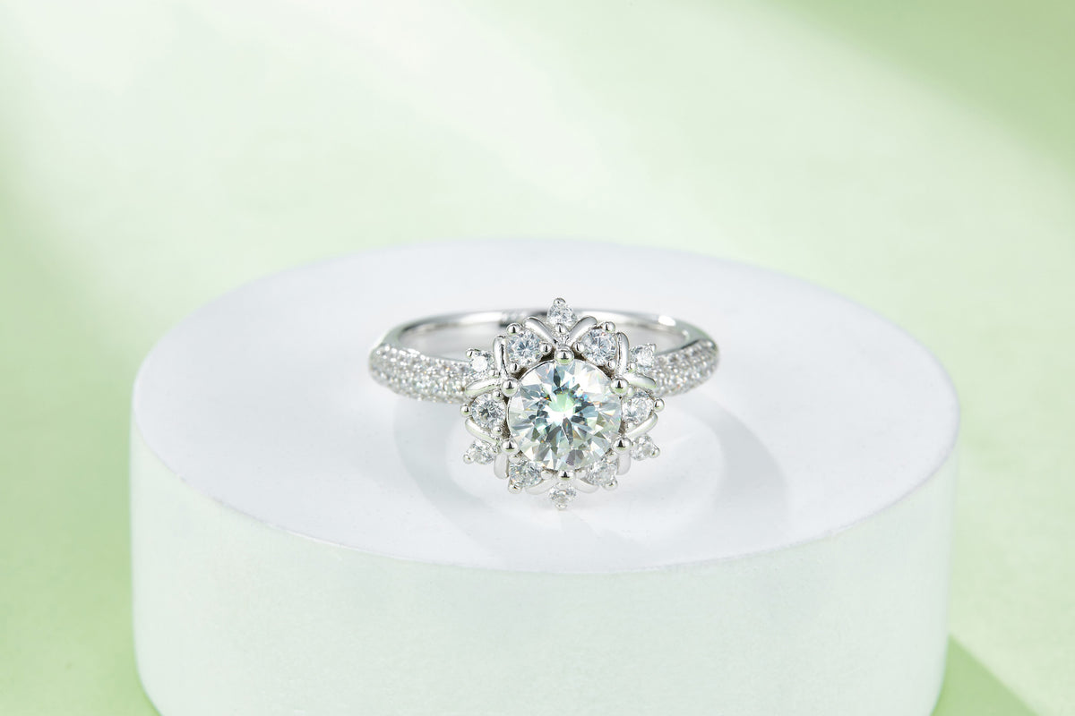 Nivale 1 Carat Moissanite Snowflake Halo Ring in Sterling Silver, styled product photo