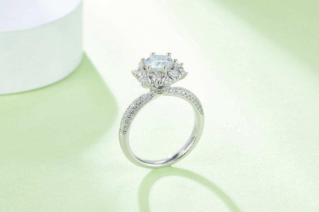 Nivale 1 Carat Moissanite Snowflake Halo Ring in Sterling Silver, styled product photo