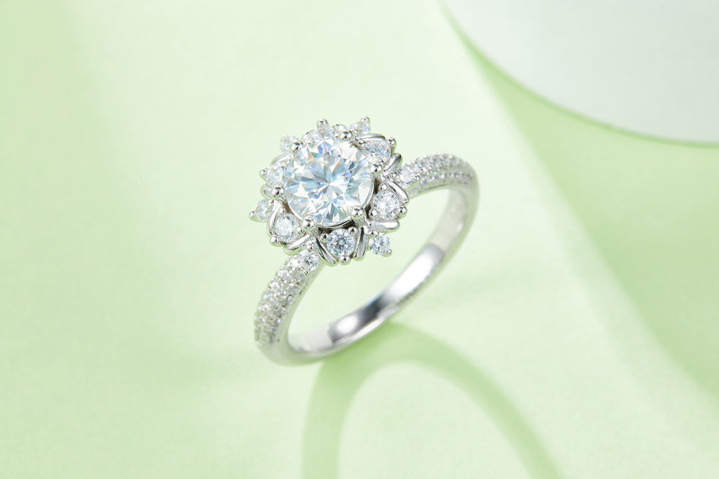Nivale 1 Carat Moissanite Snowflake Halo Ring in Sterling Silver, styled product photo