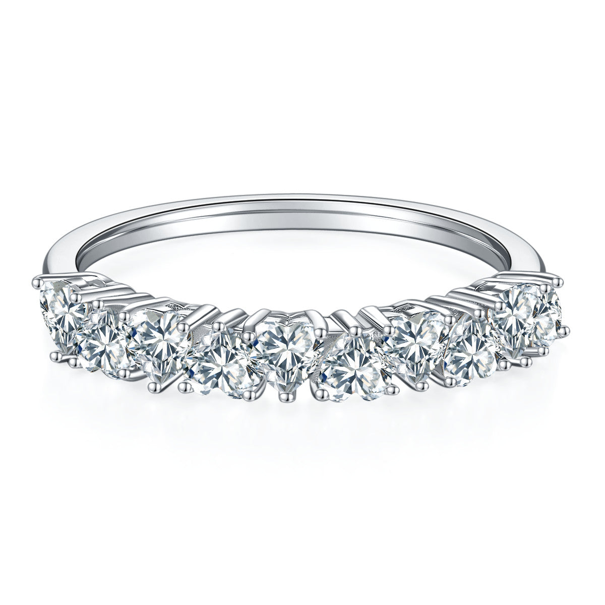 Millecuori Heart-Cut Moissanite Half Eternity Ring in Sterling Silver, product photo on white background