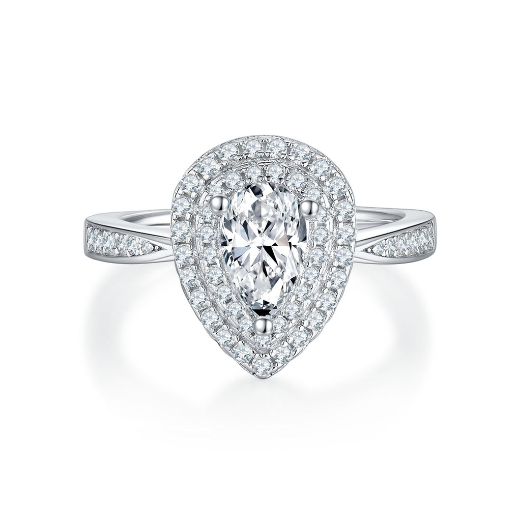 Ondina 1 Carat Pear-Cut Moissanite Double Halo Ring in Sterling Silver, product photo on white background