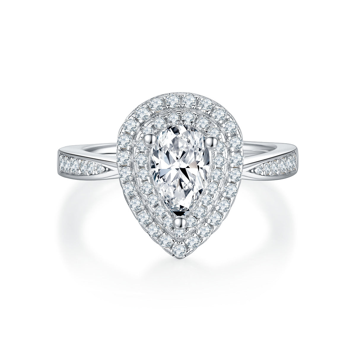 Ondina 1 Carat Pear-Cut Moissanite Double Halo Ring in Sterling Silver, product photo on white background