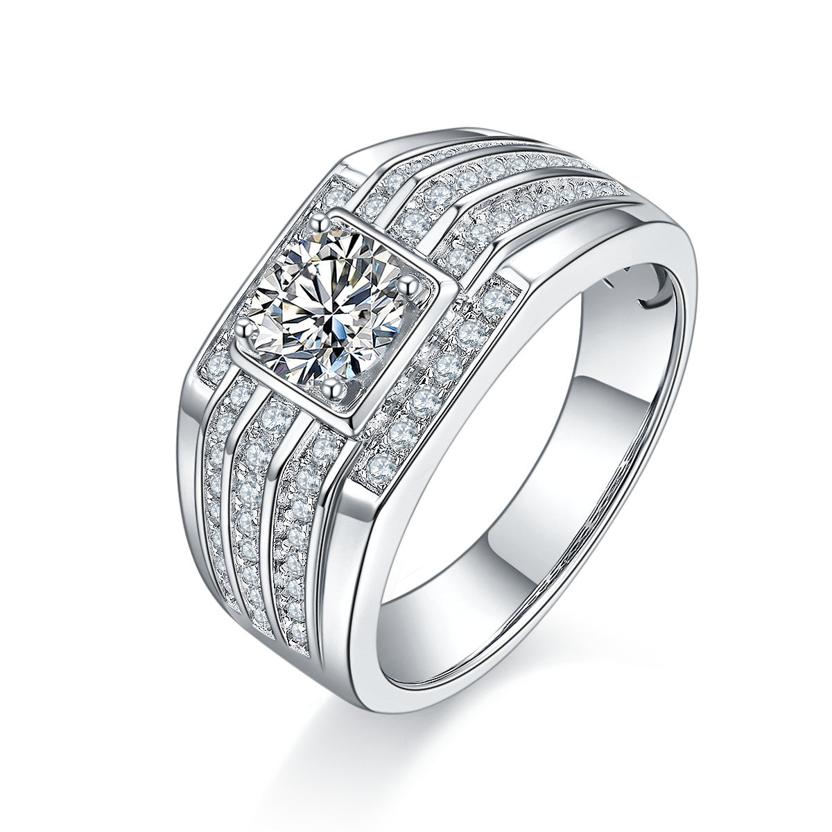 Marshal 1 Carat Moissanite Men's Ring in Sterling Silver, product photo on white background