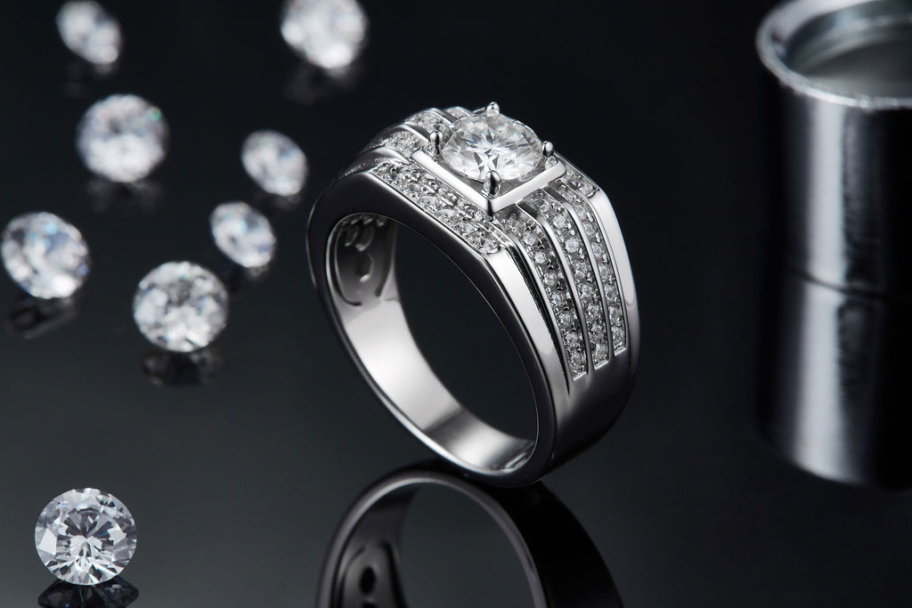 Marshal 1 Carat Moissanite Men's Ring in Sterling Silver, styled product photo