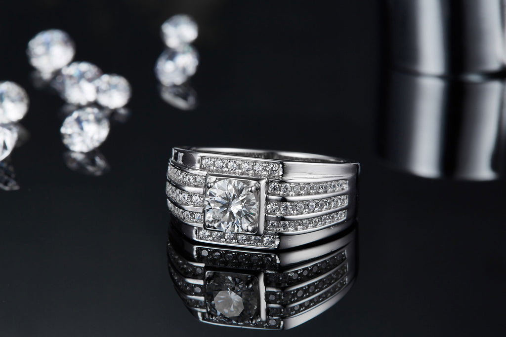 Marshal 1 Carat Moissanite Men's Ring in Sterling Silver, styled product photo