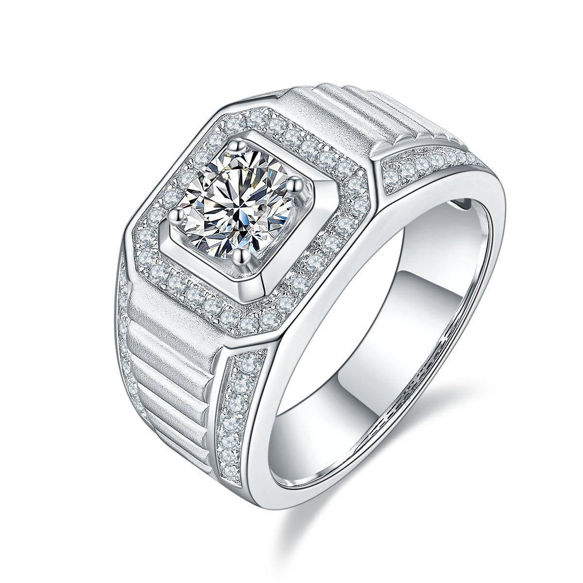 Monument 1 Carat Moissanite Men's Halo Ring in Sterling Silver, product photo on white background