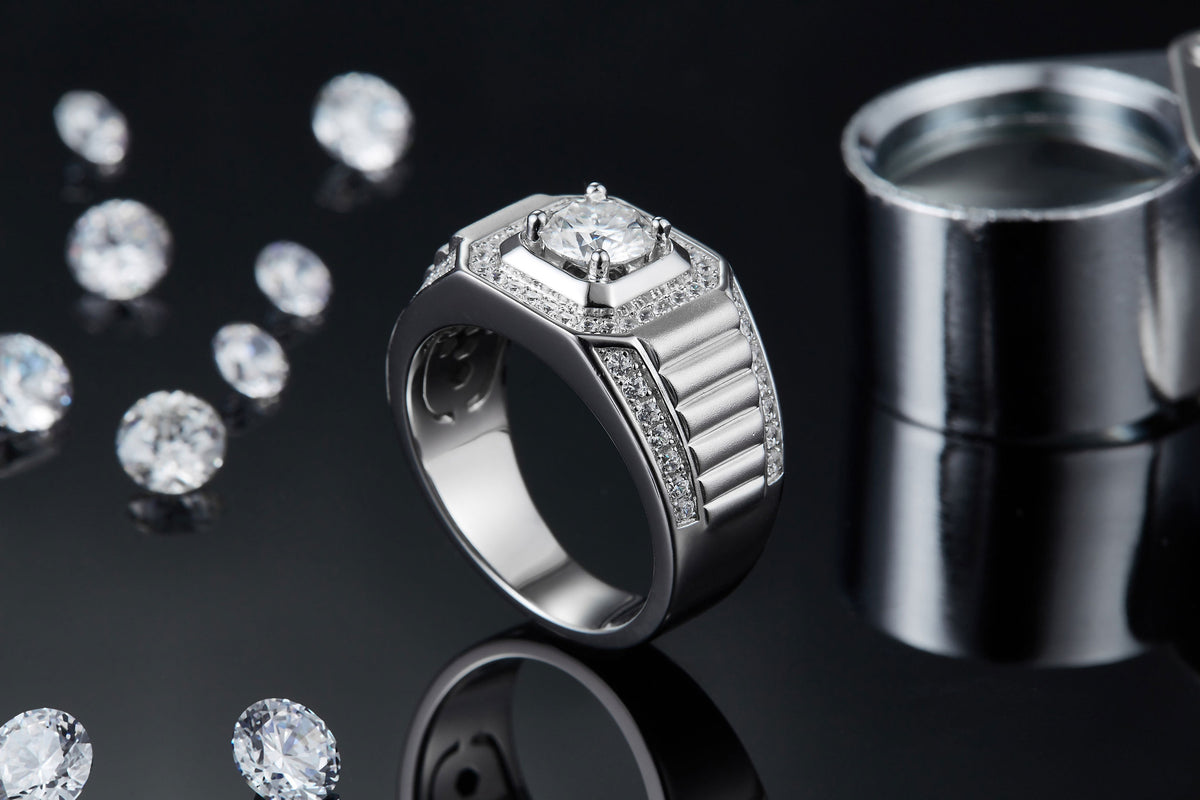 Monument 1 Carat Moissanite Men's Halo Ring in Sterling Silver, styled product photo