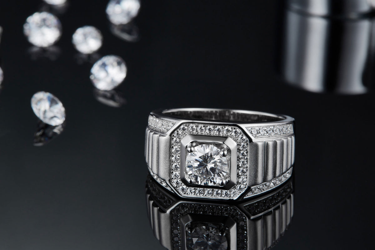 Monument 1 Carat Moissanite Men's Halo Ring in Sterling Silver, styled product photo