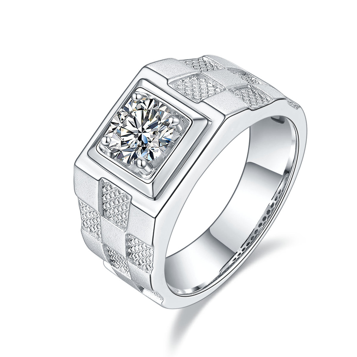 Marquetry 1 Carat Moissanite Men's Ring in Sterling Silver, product photo on white background