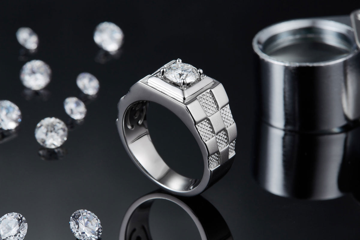 Marquetry 1 Carat Moissanite Men's Ring in Sterling Silver, styled product photo