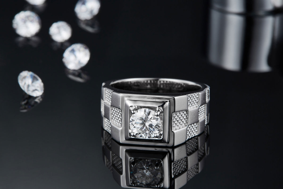 Marquetry 1 Carat Moissanite Men's Ring in Sterling Silver, styled product photo