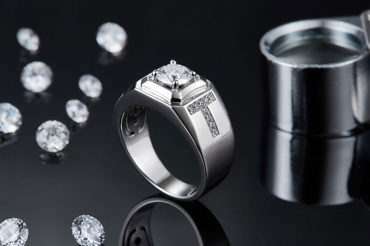 Orison 1 Carat Moissanite Men's Ring in Sterling Silver, styled product photo