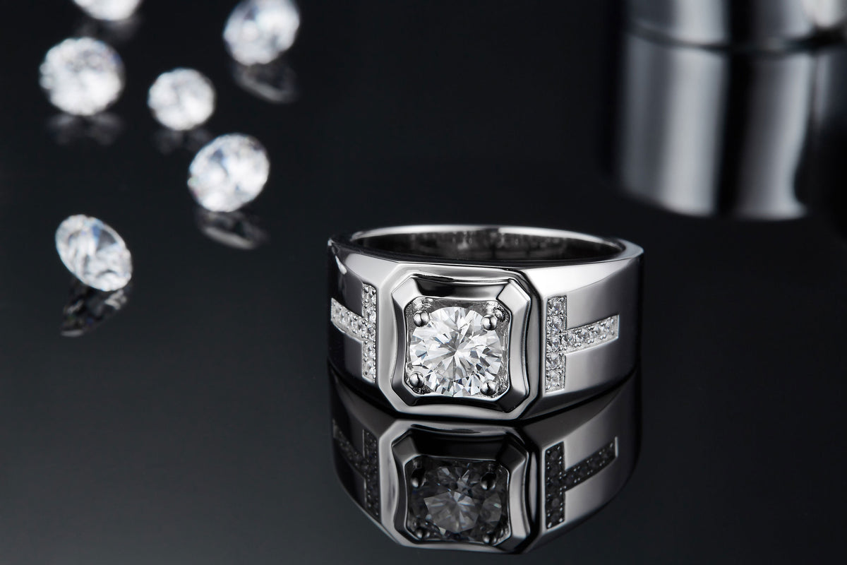 Orison 1 Carat Moissanite Men's Ring in Sterling Silver, styled product photo