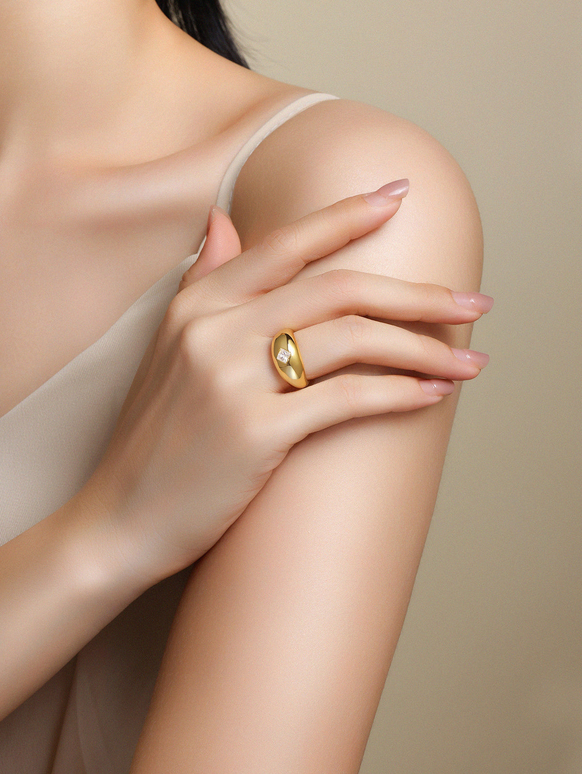 Mandorla Square-Cut Moissanite Dome Ring in Gold-Tone Sterling Silver, shown worn