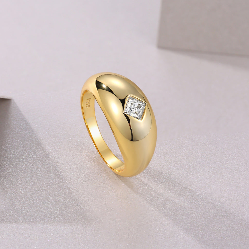 Mandorla Square-Cut Moissanite Dome Ring in Gold-Tone Sterling Silver, styled product photo