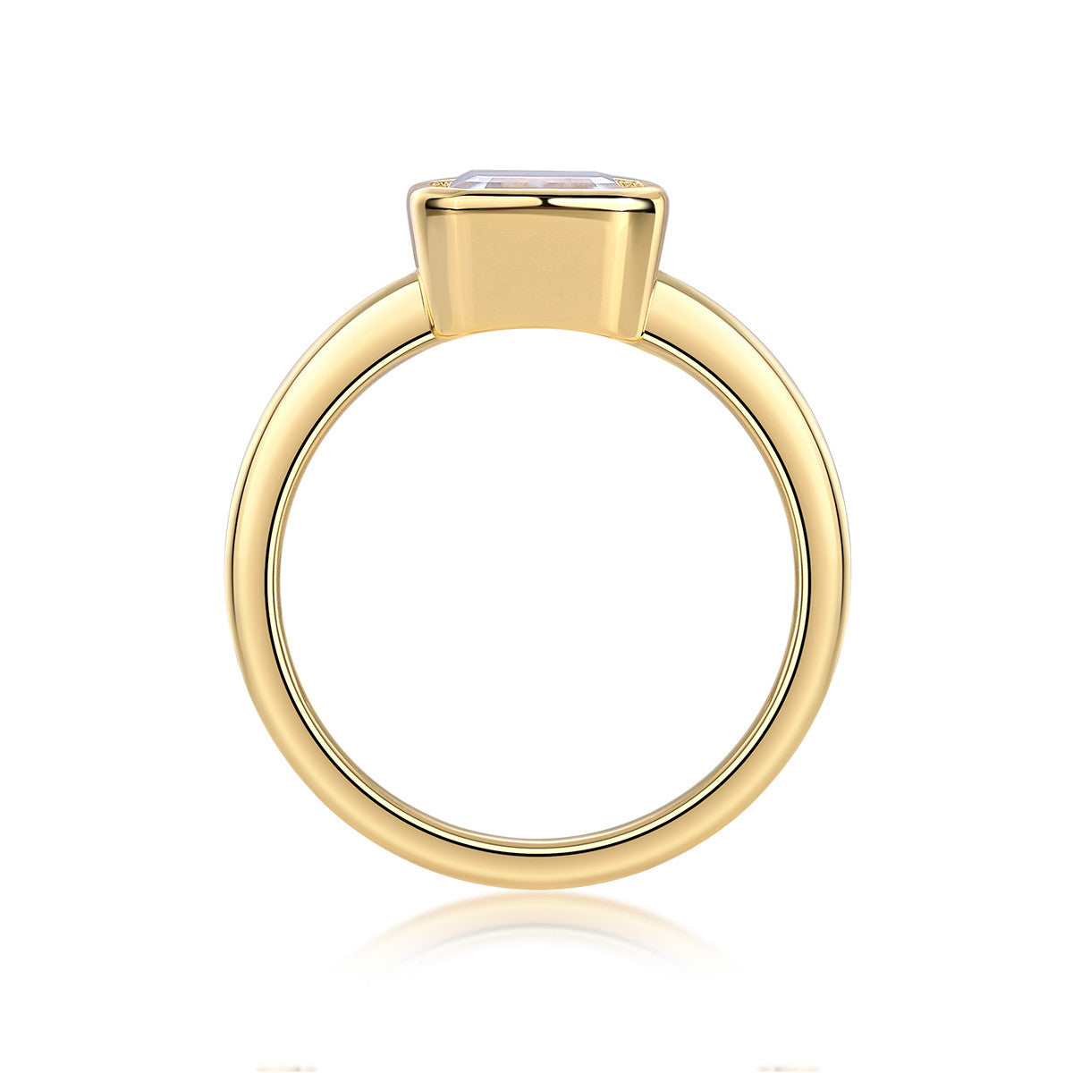 Mirador 3 Carat Emerald-Cut Moissanite Bezel Ring in Gold-Tone Sterling Silver, product photo on white background