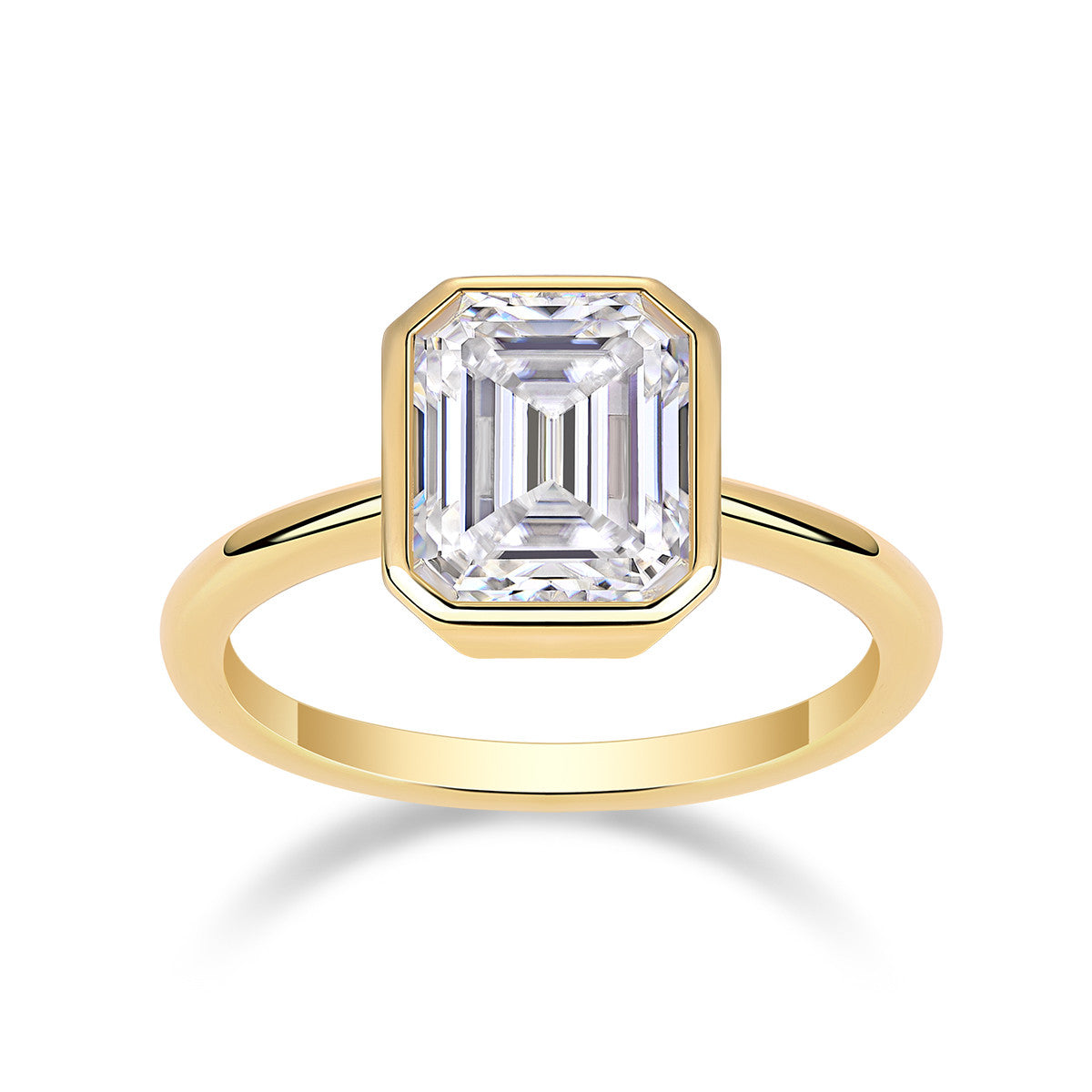 Mirador 3 Carat Emerald-Cut Moissanite Bezel Ring in Gold-Tone Sterling Silver, product photo on white background