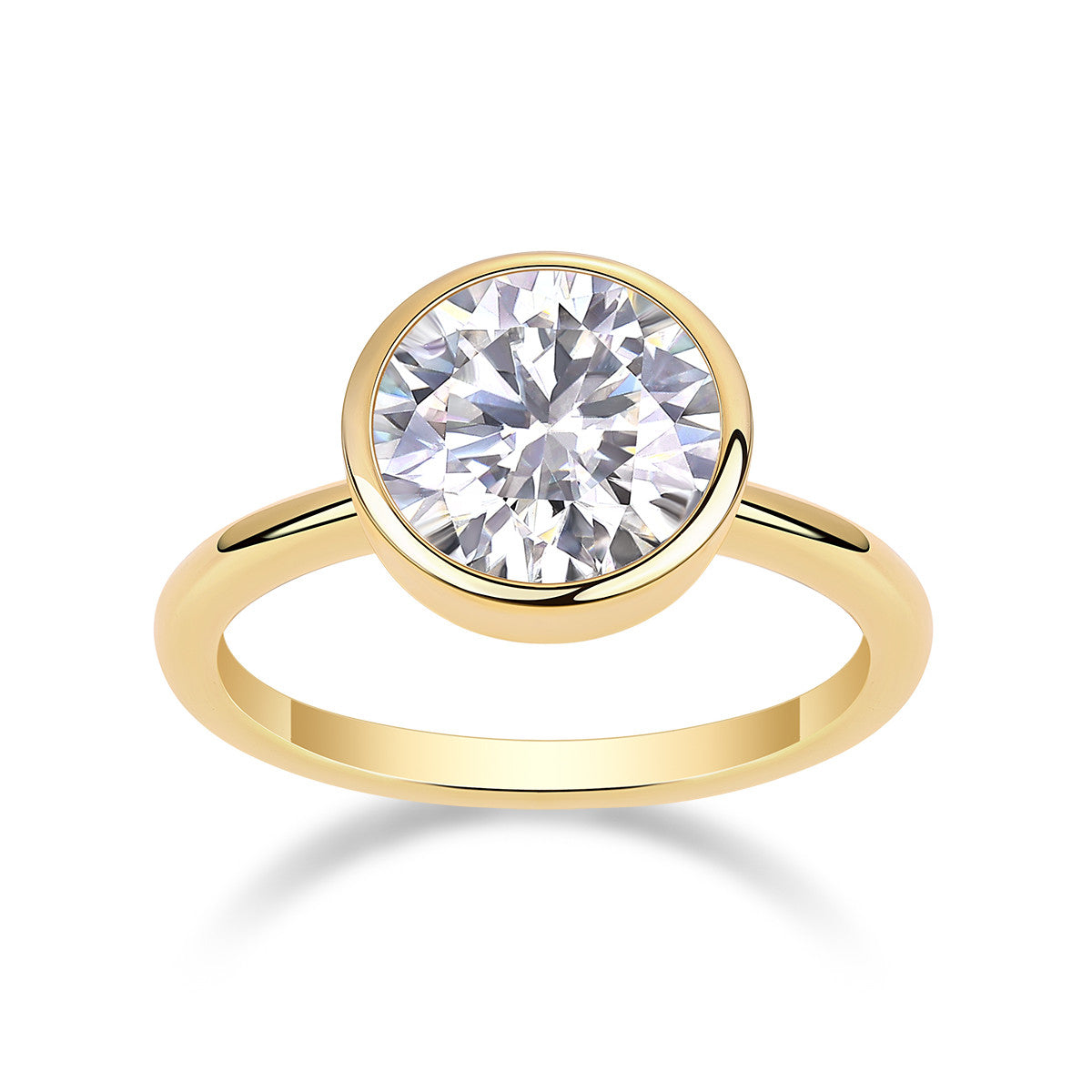 Ora 3 Carat Moissanite Bezel Solitaire Ring in Gold-Tone Sterling Silver, product photo on white background
