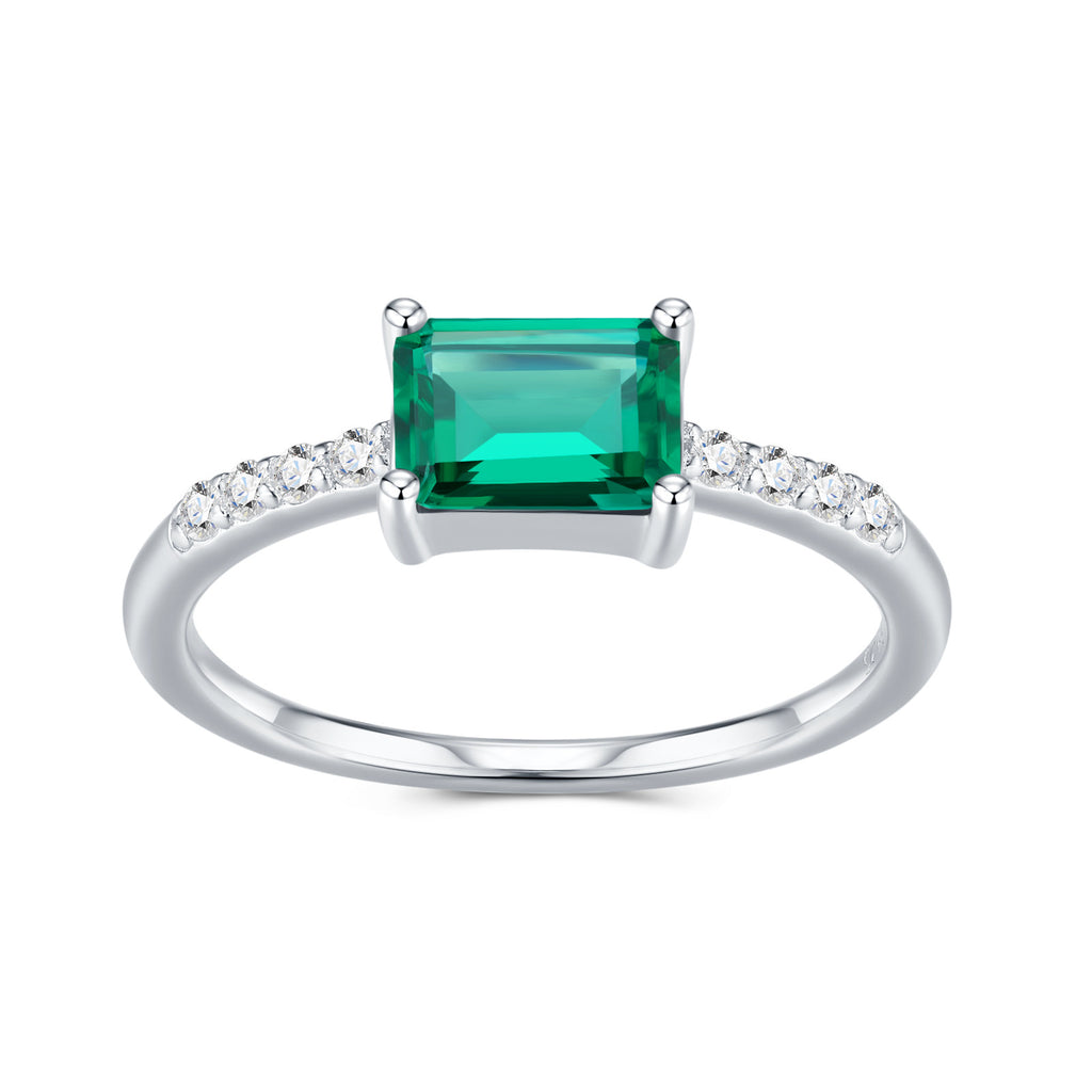 Menta Emerald-Cut Lab-Grown Emerald Solitaire Ring in Sterling Silver, product photo on white background