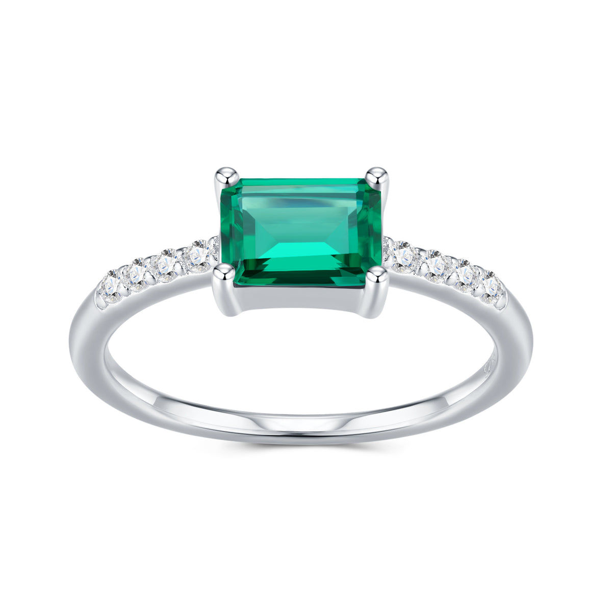 Menta Emerald-Cut Lab-Grown Emerald Solitaire Ring in Sterling Silver, product photo on white background
