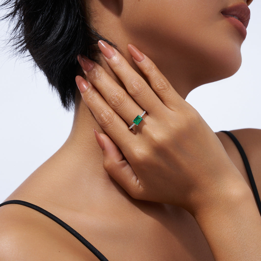 Menta Emerald-Cut Lab-Grown Emerald Solitaire Ring in Sterling Silver, shown worn