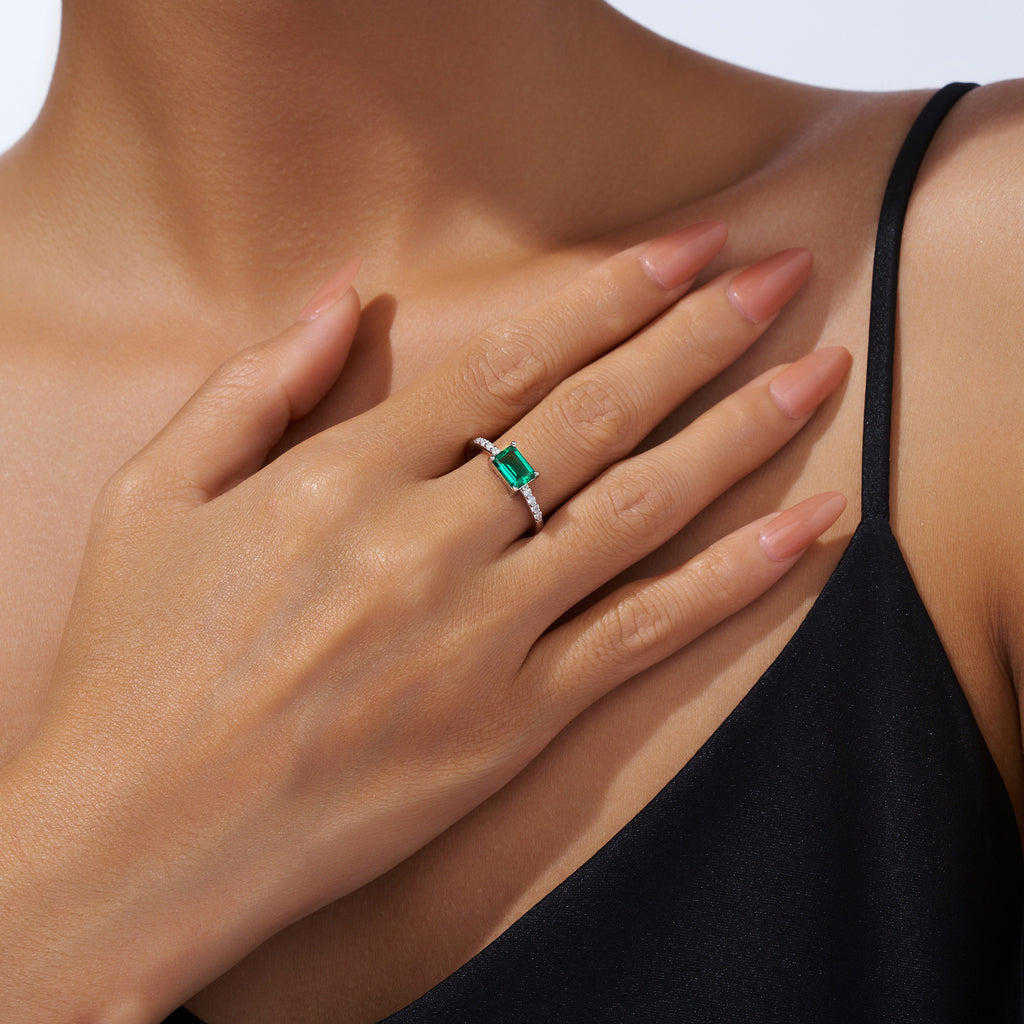 Menta Emerald-Cut Lab-Grown Emerald Solitaire Ring in Sterling Silver, shown worn